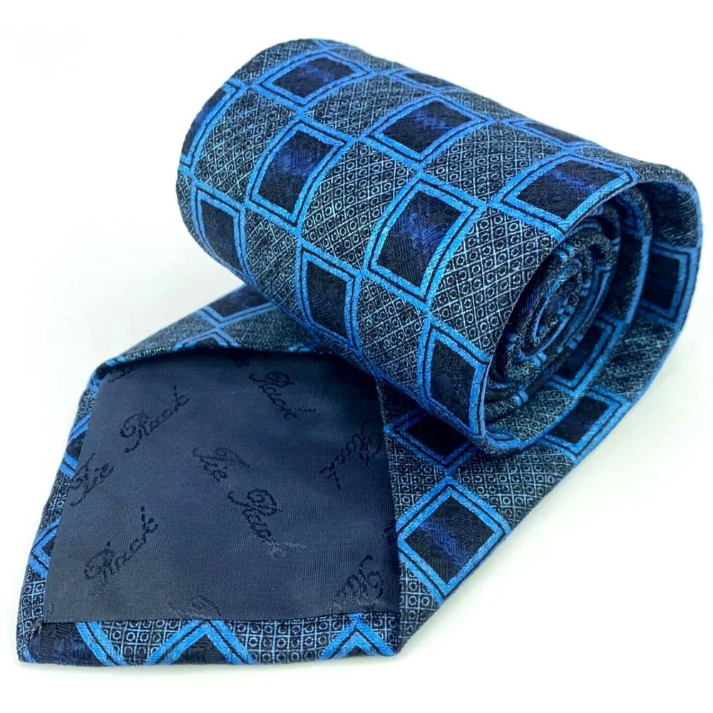 CHARLESTON Tie Rack Mens Blue Geometric 100% Silk Necktie Made in Italy